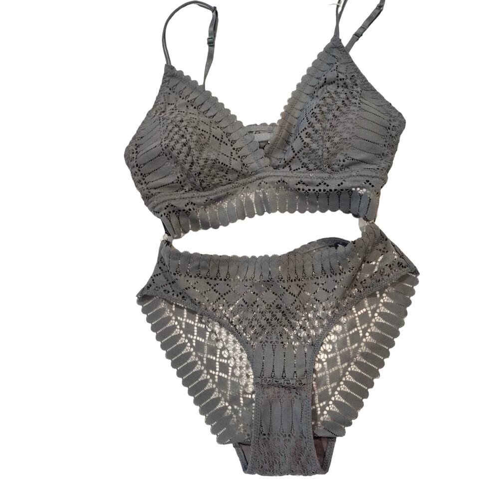 Charcoal Grey lace bralette and panty set womans S M L